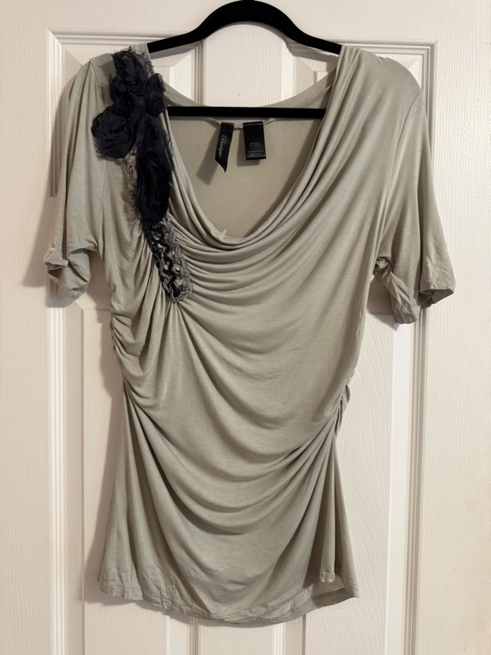 BKE Sage Green Draped Tunic with Shoulder Floral Detail